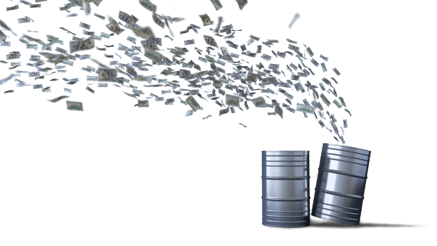 Mockup of 3d rendering image of 100 dollar bank notes flying to oil tank png