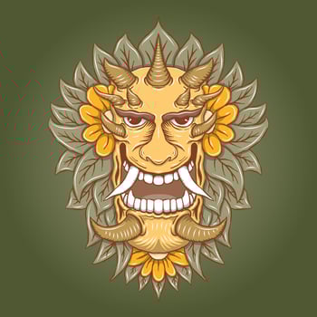 Hand drawing monster face or monster head with flowers and leaf vector