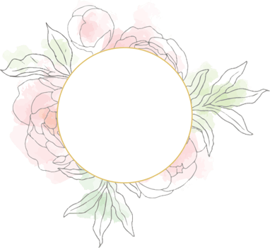 loose line art poeny flower bouquet wreath with golden frame png