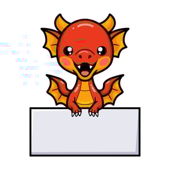 Cute red little dragon cartoon with blank sign vector