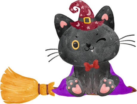 cute funny Halloween black cat witch on flying broom with full moon and bats watercolor illustration vector png