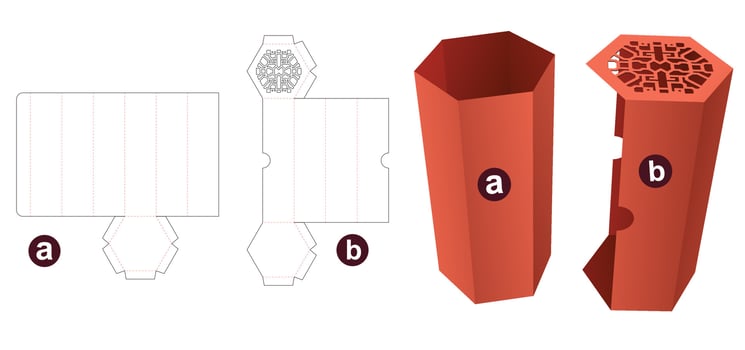 Tall hexagonal with cover which has stenciled pattern die cut template and 3D mockup vector