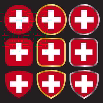 switzerland flag vector icon set with gold and silver border