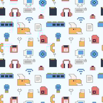 90's electronics equipment pixel flat vector illustration icon seamless pattern Gift Wrap background
