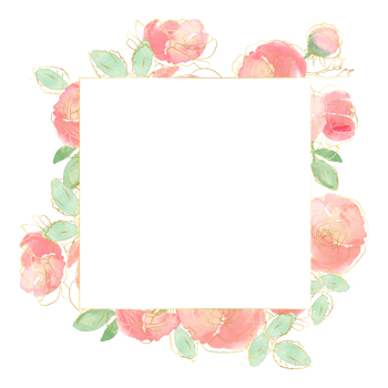 watercolor loose rose flower bouquet with gold line art squre banner badge png