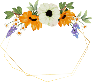 watercolor yellow sunflower and white anemone flower bouquet wreath with gold frame png