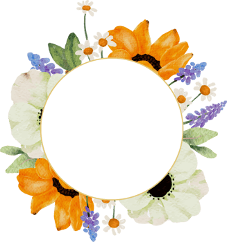 watercolor yellow sunflower and white anemone flower bouquet wreath gold frame png