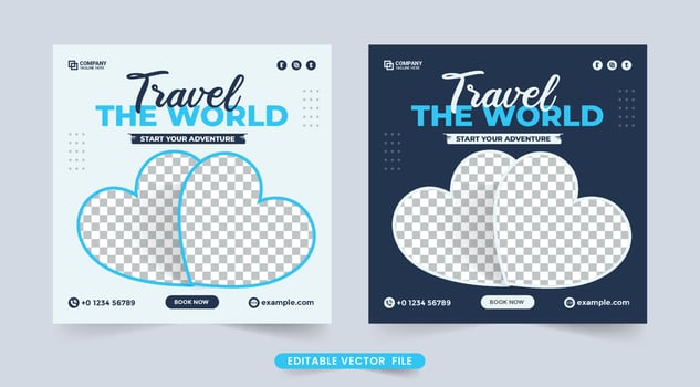 Tour and travel social media post design. Travel agency flyer template for business. Family vacation planner design for touring agency. Travel banner for social media post with blue and white color. vector