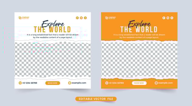 Travel social media posts vector with white and yellow colors. Vacation planner organization flyer template. Tour and travel banner design for travel agency. Touring business flyer vector.