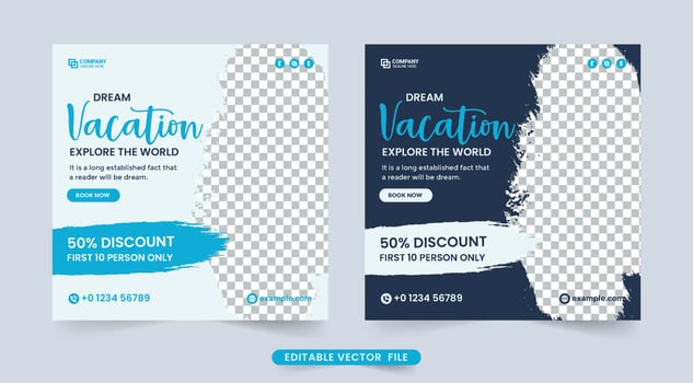 Travel agency social media banner for business promotion. Touring business poster design for advertisement. Vacation planner organization brochure template. Travel discount offers banner design. vector