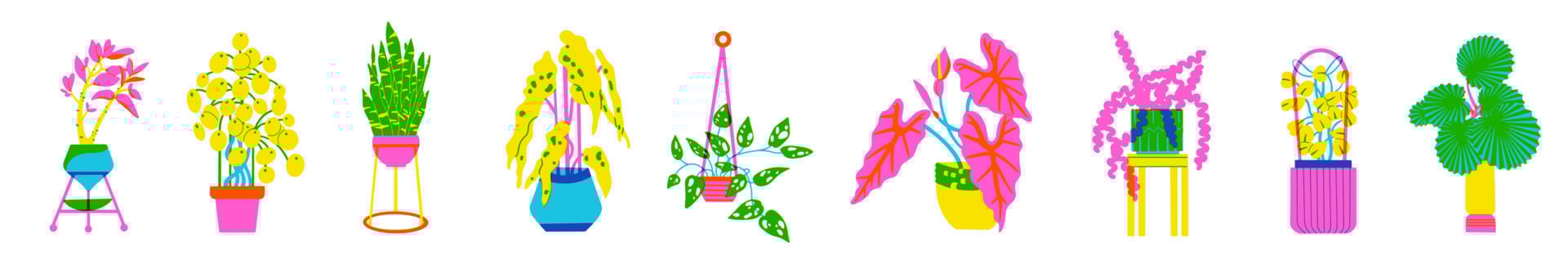 Set of plants in a pot. Flowers in trendy risograph print texture style. vector