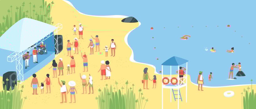 A lifeguard on a tower by the sea watches people in the sea vector