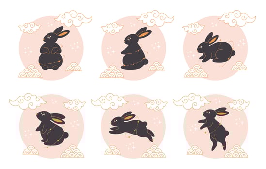 Cute black rabbits with Chinese New Year symbols. Year of the Rabbit. vector