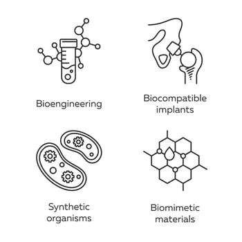 Bioengineering linear icons set. Biotechnology. Biochemistry, GMO, implantation. Thin line contour symbols. Isolated vector outline illustrations. Editable stroke