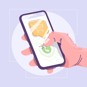 Online shopping, purchase flat vector illustration. Internet retail service, e shopping cartoon concept. Modern commerce idea. Customer hand holding smartphone with trolley icon. Mobile technology