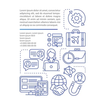 Freelance article page vector template. Online job. Remote working. Brochure, magazine, booklet design element with linear icons and text boxes. Print design. Concept illustrations with text space