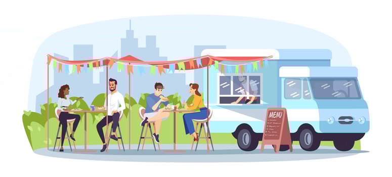 Street food cafe flat vector illustration. Ready takeaway meal restaurant. Summer festival in city park. Food truck, vendor, people at tables isolated cartoon characters on white background