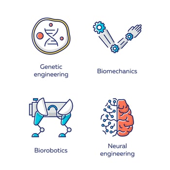Bioengineering color icons set. Changing existing and creating artificial organisms. Genetic engineering, biomechanics, biorobotics, neural engineering. Biotechnology. Isolated vector illustrations