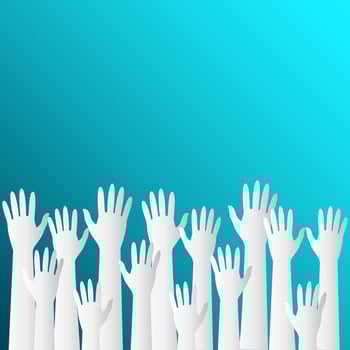 Raised hands up on a turquoise background. Design for banner, postcard, background. Vector illustration