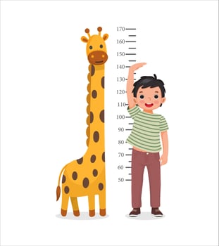Cute Little boy measuring height of his growth on the background of wall with giraffe vector