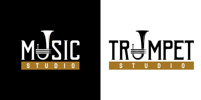 Vintage brass musical instrument. With simple trumpet cornet icon. On gold, white, and black colors. For jazz music studio logo design vector