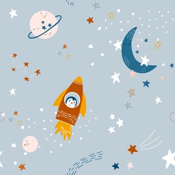 Cute seamless pattern with rockets, stars, moon and planets. Vector baby cosmic backdrop in simple hand drawn style. Good for interior decorating, fabric, baby clothes, baby shower decor.