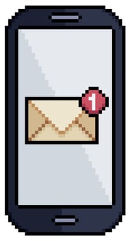 Pixel art mobile phone with email notification vector icon for 8bit game on white background