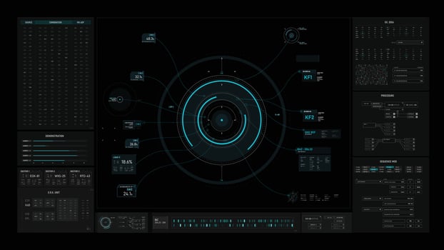 Sci-Fi futuristic user interface hud design panel for business app. Abstract technology concept, Technology concept FUI widescreen aspect ratio, hologram, communication, statistic, data, infographic vector
