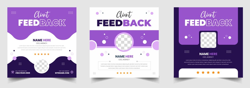 Customer feedback testimonial social media post web banner template. client testimonials social media post banner design template with purple color vector