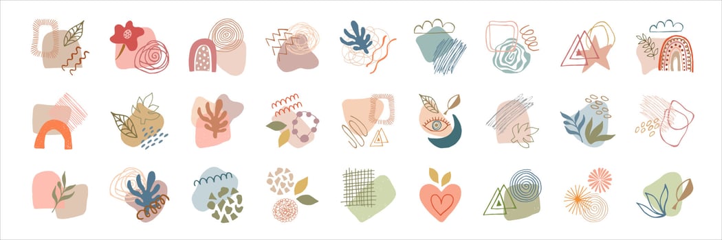 Collection of modern abstract collages for social media design, highlights, stories, postcards, posters. Vector illustration in doodle style