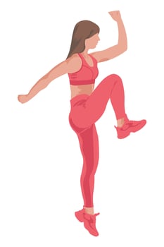 beautiful girl in a sports pink suit jumps for a healthy body on a white background vector