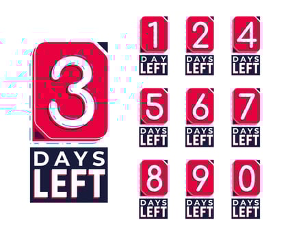 Days left red numbers. Stickers and banners timer pack. vector