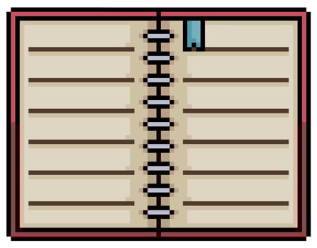 Pixel art open book, notebook, diary vector icon for 8bit game on white background