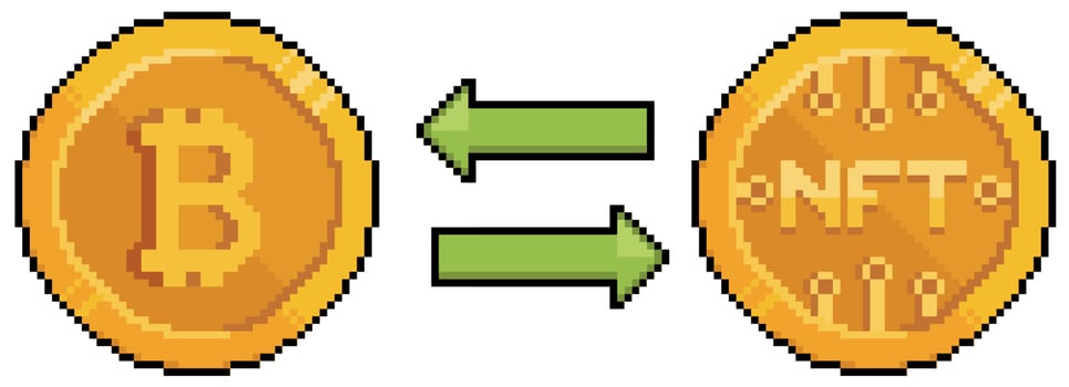 Pixel art bitcoin and NFT transaction. Investment in cryptocurrencies vector icon for 8bit game on white background