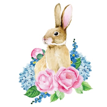 watercolor drawing. cute easter bunny with flowers. decoration for greeting card, composition Easter bunny with pink peony flowers and blue hydrangea vector