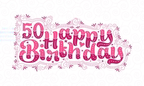 50th Happy Birthday lettering, 50 years Birthday beautiful typography design with pink dots, lines, and leaves. vector