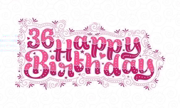 36th Happy Birthday lettering, 36 years Birthday beautiful typography design with pink dots, lines, and leaves. vector