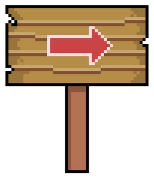 Pixel art wooden sign with indicative arrow. 8bit game item on white background vector
