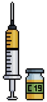 Pixel art vaccine covid 19 syringe and ampoule icon for 8bit game on white background vector