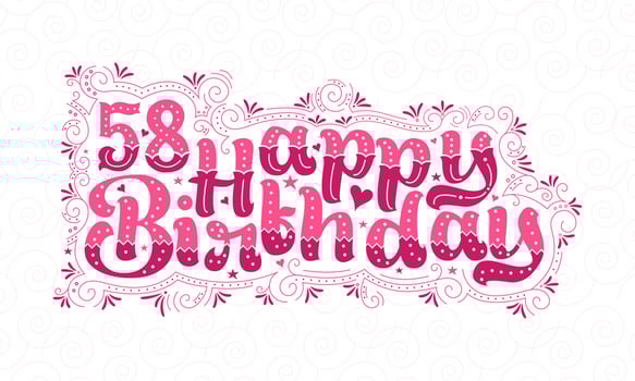 58th Happy Birthday lettering, 58 years Birthday beautiful typography design with pink dots, lines, and leaves. vector