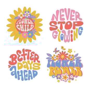 Set of four 70s lettering stickers. Retro graphic for T-shirt, posters, cards. Vintage typography letters with flowers. Flat hand drawn vector illustration.