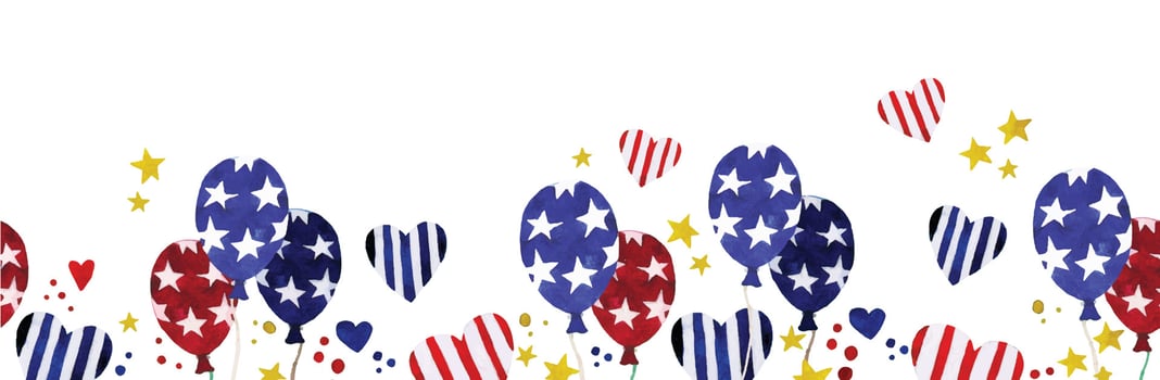 watercolor seamless border, american independence day frame. July 4, festive background with balloons, fireworks, flags. cute illustration vector