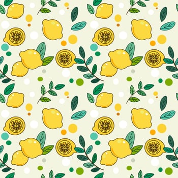 Seamless, repeat pattern of full pieces and haft lemons or limes, have decorated with doodle green leaves and a pastel color circle. vector