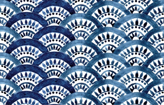 watercolor seamless pattern. blue oriental ornament, fish scales. Moroccan tiles. authentic hand drawing vector