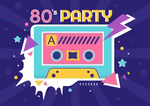 80s Party Cartoon Background Illustration with Retro Music, 1980 Radio Cassette Player and Disco in Old Style Design vector