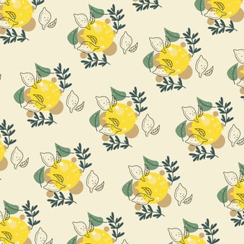 Pattern of fresh yellow lemon fruit with green leaves. Vector flat illustration. Design for textile, wallpaper, wrapping