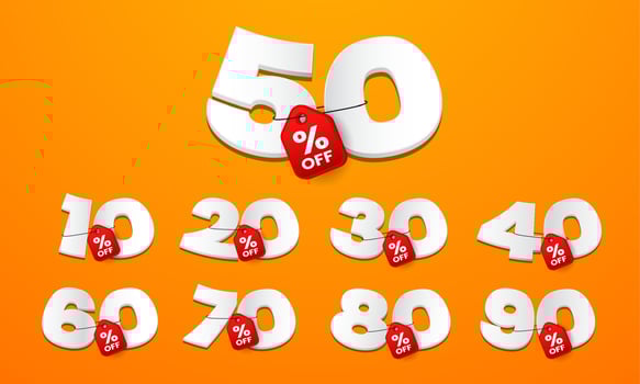 3d number label tag sale with different discounts of 10, 20, 30, 40, 50, 60, 70, 80, and 90 percent. Vector illustration of sales elements.
