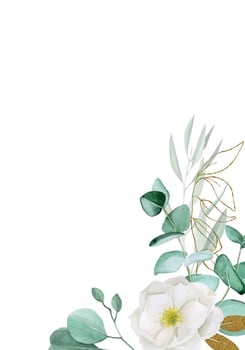 watercolor drawing, frame of eucalyptus leaves and white rosehip flowers with gold sparkling leaves. Vintage flower vignette with glitter shining elements for decoration of weddings, invitations. vector