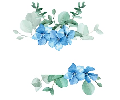 watercolor drawing. Frame of eucalyptus leaves and blue hydrangea flowers. Design for weddings, cards, invitations, greetings. isolated on white background with place for text vector