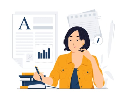 Content writing on paper sheet with hand holding a pen, writer, journalist, author, and copywriter concept illustration vector